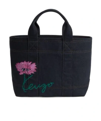 Kenzo ' Tulip' Small Tote Bag In Denim-like Twill In Blue