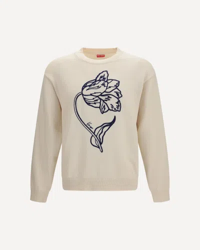 Kenzo Floral Wool And Cotton Blend Jumper With Embroidered Logo In Neutral