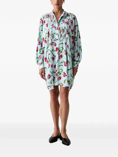 Kenzo Tulip-print Pintuck-pleat Mini Dress In Blue