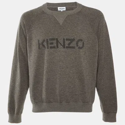 Pre-owned Kenzo Two Tone Logo Wool Knit Crew Neck Sweater M In Brown