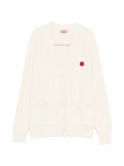 Kenzo V-neck Flower-embroidered Cardigan In Neutral