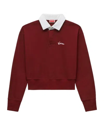 Kenzo Logo Knit Polo Contrast Collar Cropped In Burgundy
