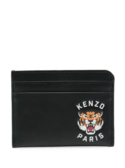 Kenzo Varsity Tiger Leather Card Case In Black