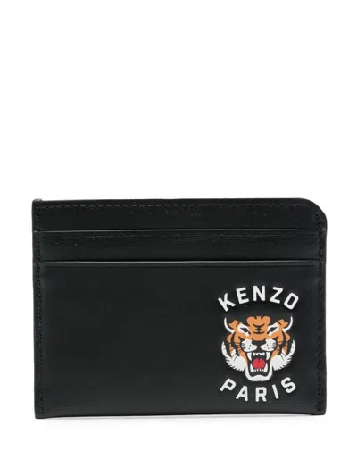 Kenzo Varsity Tiger Leather Card Case In Black