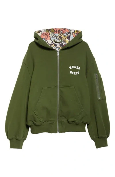 Kenzo Verdy Market Logo-print Reversible Cotton-blend Jersey And Waffle-knit Zip-up Hoodie In Green