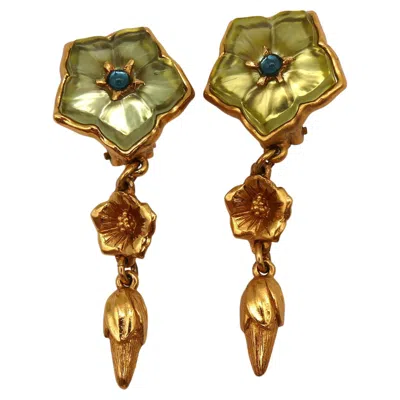 Pre-owned Kenzo Vintage Gold Tone Resin Flower Dangling Earrings In Multi