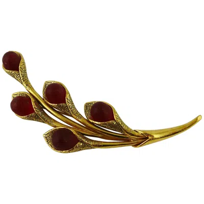 Pre-owned Kenzo Vintage Gold Toned And Red Glass Cabochons Floral Brooch