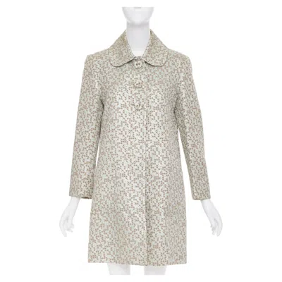 Pre-owned Kenzo Vintage Green Gold Metallic Floral Patterned Jacquard Coat It38 Xs