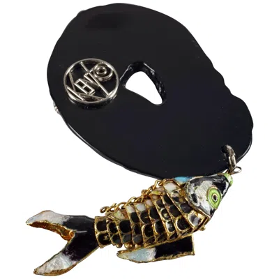 Pre-owned Kenzo Vintage  Articulated Koi Fish Faux Agate Brooch In Black