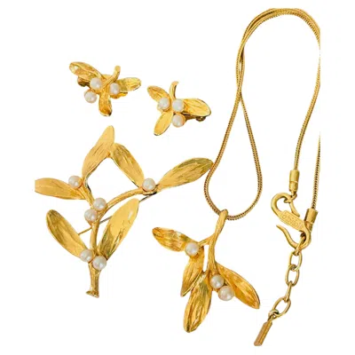 Pre-owned Kenzo Vintage Rare Gold White Circle Round Beads Pearls Leaf Branch 3 Set