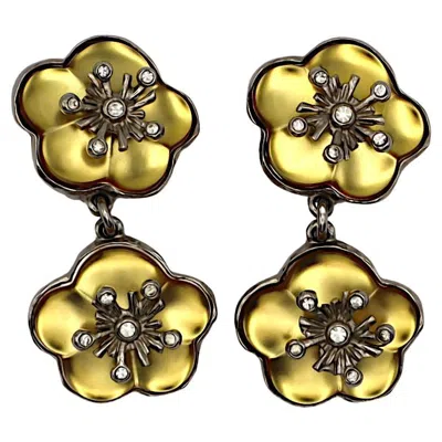 Pre-owned Kenzo Vintage Silver-tone Dangle Earrings Jewelled Yellow Resin Flowers, 1990s