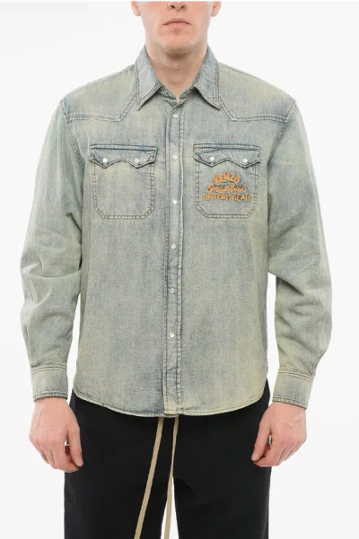 Kenzo Vintage Wash Western Denim Shirt In Navy
