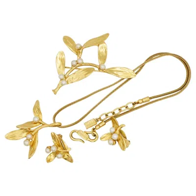 Pre-owned Kenzo Vintage White Beads Pearl Flower Leaf 3 Gold Set Necklace Brooch Earrings