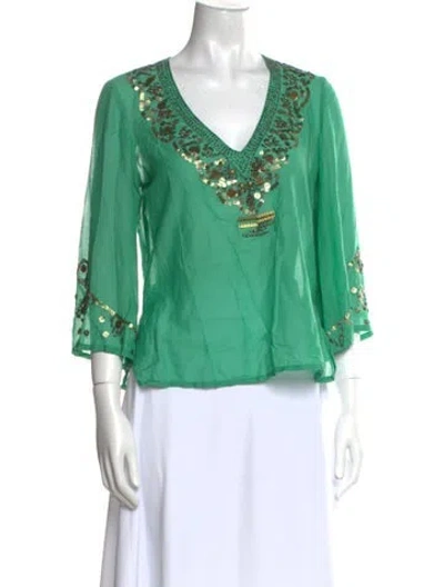 Pre-owned Kenzo V-neck Three-quarter Sleeve Blouse In Green