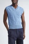 Kenzo Cotton Vest With Ribbed Hem And Textured Pattern In Blue