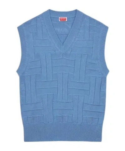 Kenzo ' Weave' Embroidered Sleeveless Jumper In Cotton In Blue