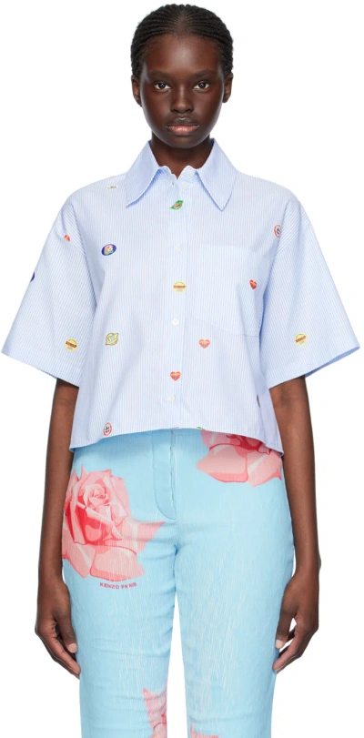Kenzo Fruit Stickers-print Striped Shirt In Blue