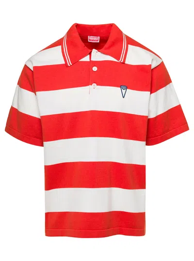 Kenzo White And Red Polo T-shirt With Embroidered Logo In Cotton Man In Multi