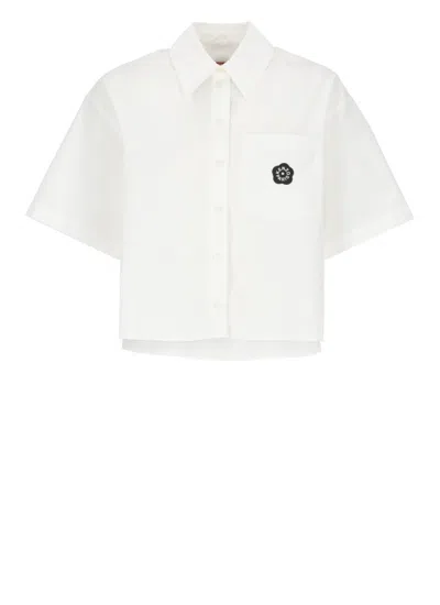 Kenzo Poplin Shirt With Cropped Length And Short Sleeves In White
