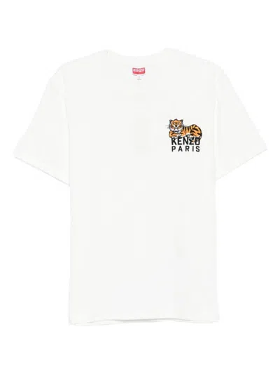 KENZO KENZO WHITE COTTON T-SHIRT WITH EMBROIDERED TIGER LOGO