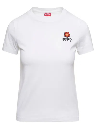 Kenzo White Crewneck T-shirt With Logo Embroidery In Cotton Woman