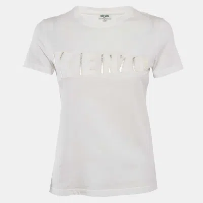 Pre-owned Kenzo White Embossed Logo Cotton Crewneck T-shirt S