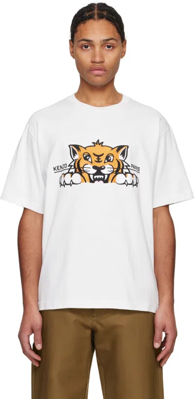 KENZO WHITE KENZO PARIS HAPPY TIGER EMBROIDERED T-SHIRT