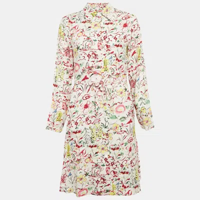 Pre-owned Kenzo White Printed Viscose Button Front Belted Dress S