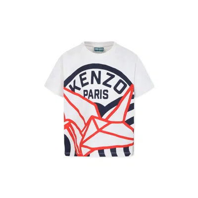 Kenzo Kids' White T-shirt For Boy With  Seigaiha Print