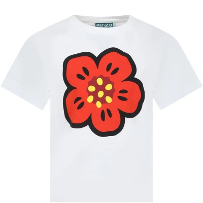 Kenzo Kids' White T-shirt For Girl With Flower In Bianco