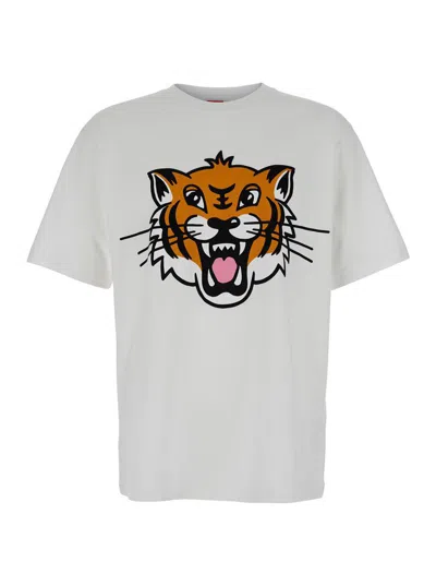 Kenzo White T-shirt With Happy Tiger Print On The Front In Cotton Man