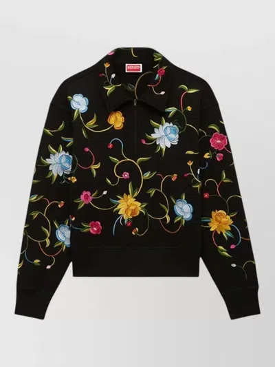 Kenzo Wildflower Embroidered Floral Half Zip Sweatshirt In Black