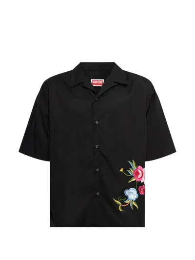 Kenzo Wildflower Floral-embroidered Camp-collar Shirt In Black