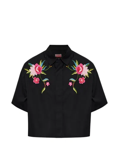 Kenzo Wildflower Floral-embroidered Short-sleeve Shirt In Black