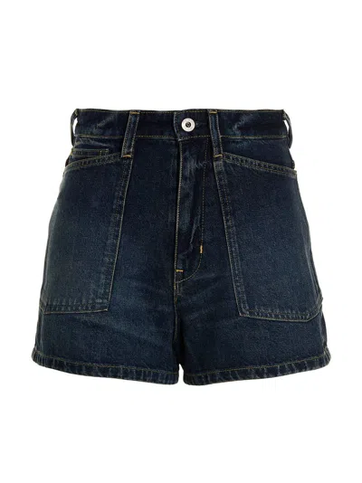 Kenzo Dark Blue Logo Patch Shorts In Animal Print