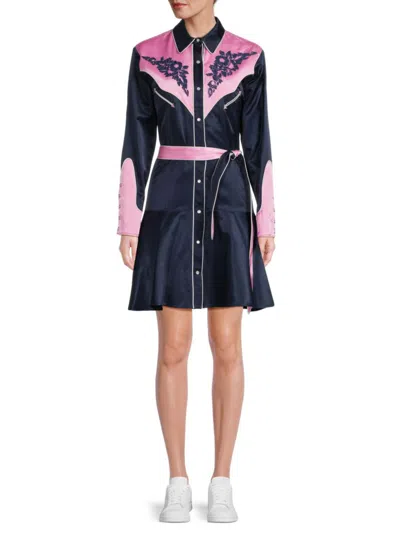 Kenzo Women's Floral Embroidered Satin Mini Shirtdress In Blue Pink