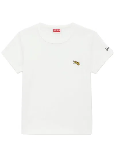 Kenzo Women's Patch Detail Crew Neck T-shirt With Sleeve Embroidery In Bianco