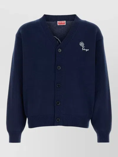 Kenzo Wool Blend Cardigan Floral Back Ribbed Cuffs Hem In Blue