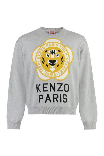Kenzo Wool-blend Crew-neck Sweater In Gray