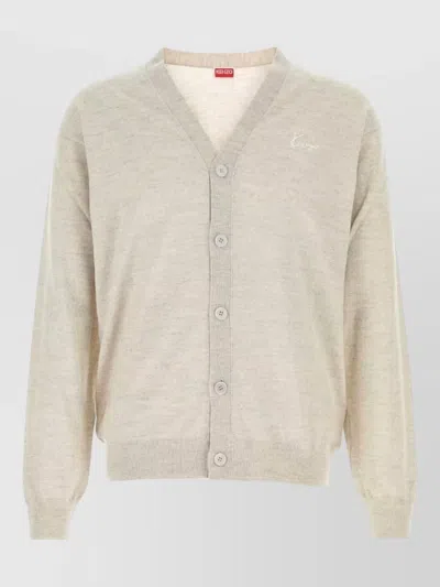 Kenzo Wool Cardigan V Neckline Ribbed Cuffs Hem In Neutral