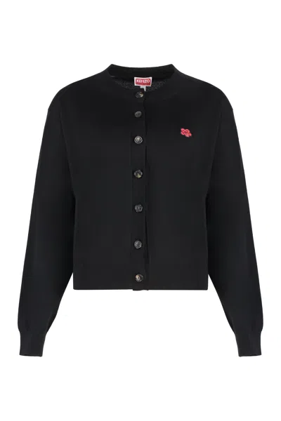 Kenzo Wool Cardigan With Boke Flower Patch In Black