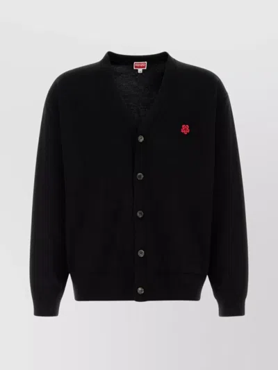 Kenzo Wool Cardigan With V-neckline And Ribbed Finish In Black