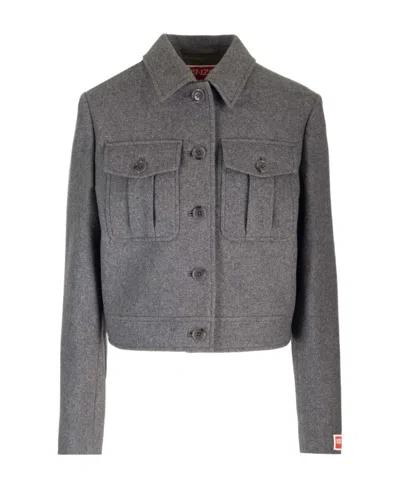 Kenzo Wool Long-sleeved Jacket In Gray