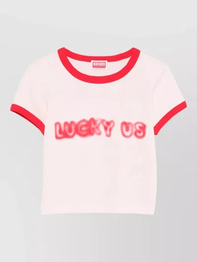 Kenzo Words Cropped Cotton Graffiti Front T Shirt In Pink