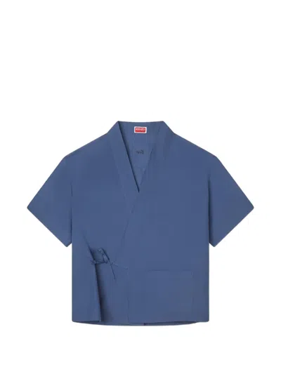 Kenzo Wrap-front Short-sleeve Shirt In Blue
