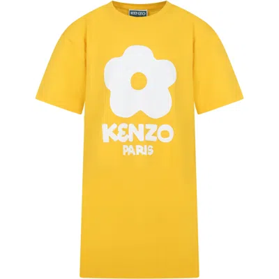 Kenzo Kids' Yellow Dress For Girl With Flower And White Logo
