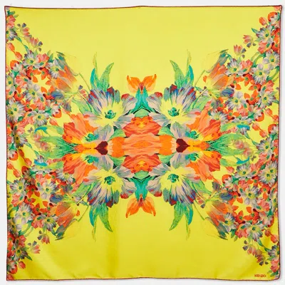 Pre-owned Kenzo Yellow Floral Print Silk Scarf