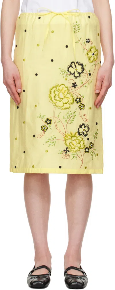 KENZO YELLOW KENZO PARIS 'KENZO PEONIES' EMBROIDERED STRAIGHT MIDI SKIRT