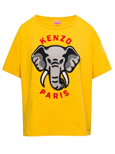 Kenzo Yellow Oversize T-shirt With Elephant And Logo On The Chest In Cotton Woman