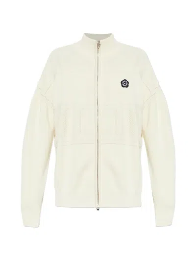 Kenzo Zip-fastening Flower-appliqué Cardigan In Neutral